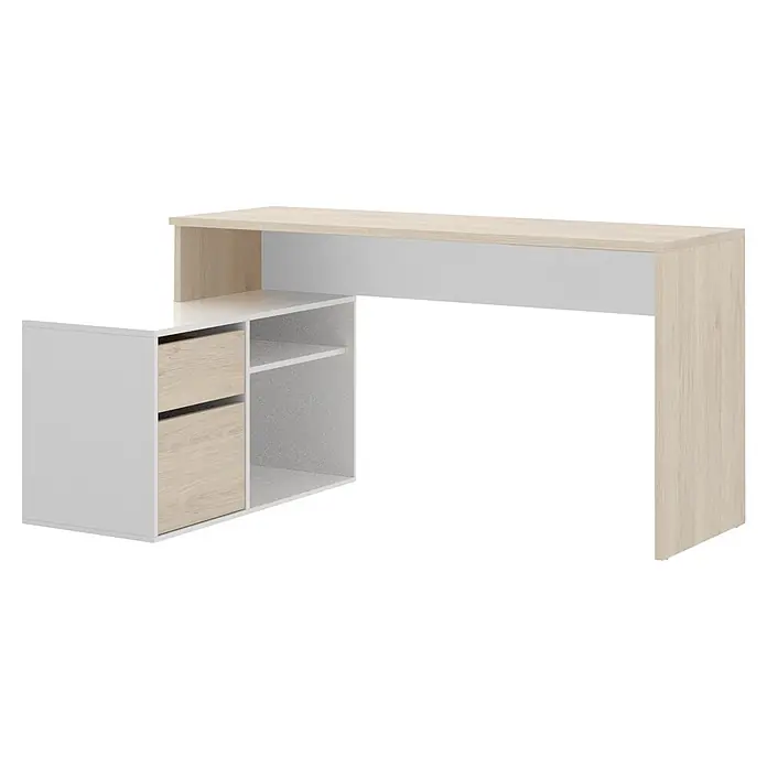Dekit Mesa de escritorio Rox - L x An x Al: 92 x 139 x 75 cm, Natural/Blanco - Escritorio moderno en blanco y aspecto de madera con compartimentos de almacenamiento y cajones para el estudio.