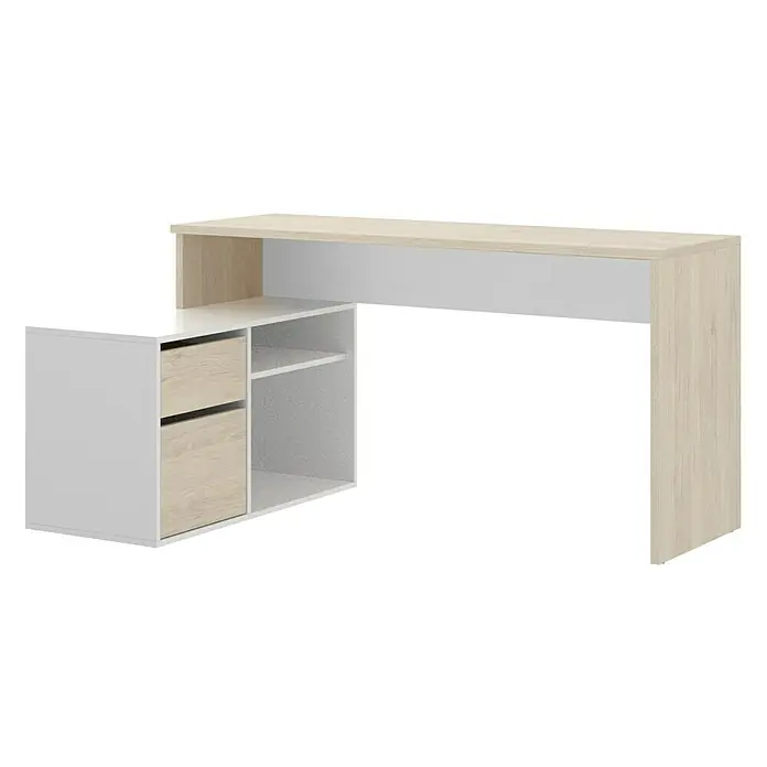 Dekit Mesa de escritorio Rox - L x An x Al: 92 x 139 x 75 cm, Natural/Blanco - Escritorio moderno en blanco y aspecto de madera con compartimentos de almacenamiento y cajones para el estudio.