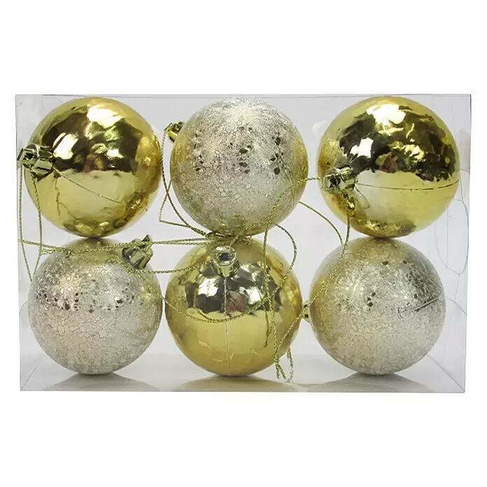 Christbaumkugel-Set geeist - Gold, Kunststoff, 6 Stk. - Sechs goldene und silberne Glitzer-Weihnachtskugeln zur festlichen Dekoration.