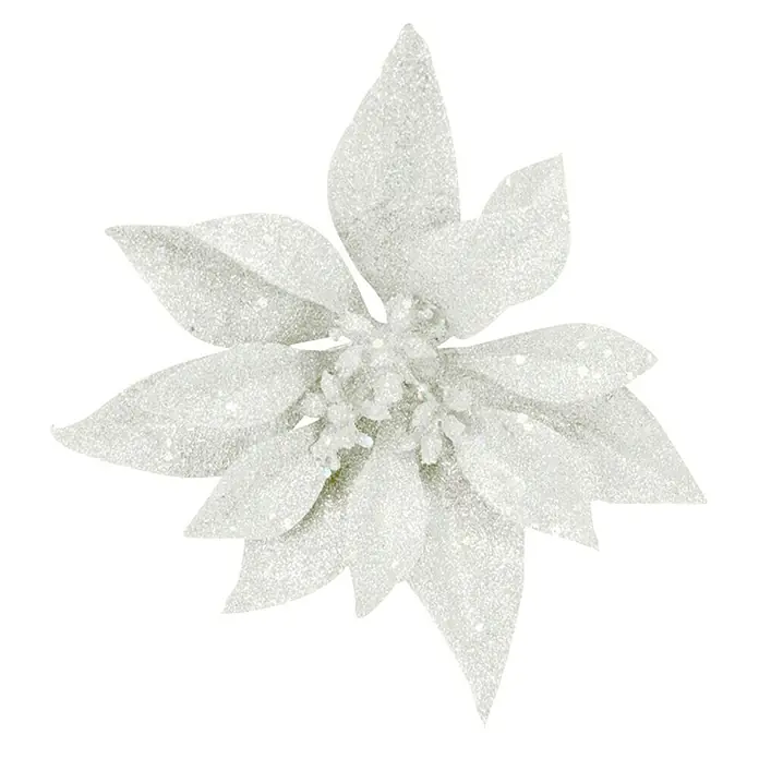 Dekoblüte Weihnachtsstern mit Clip - Durchmesser: 16 cm, Kunststoff, Weiß - Glitzernder weißer Weihnachtsstern mit filigranen Details, ideal als festliche Dekoration für Weihnachten und die Winterzeit.