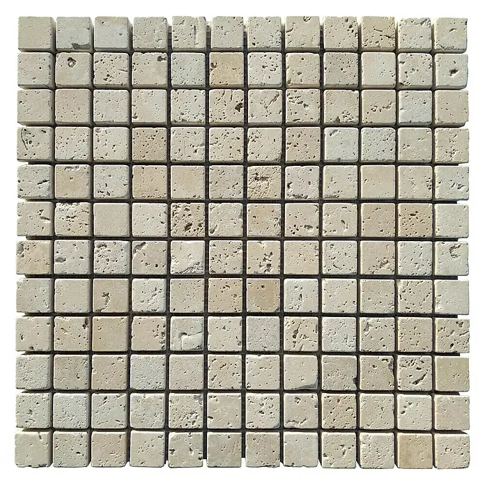Malla mosaico Travertino 2,3 - 30 x 30 cm, Crema, Mate - Baldosa de mosaico de piedra natural beige con piedras cuadradas. Textura natural y color cálido para interiores elegantes.