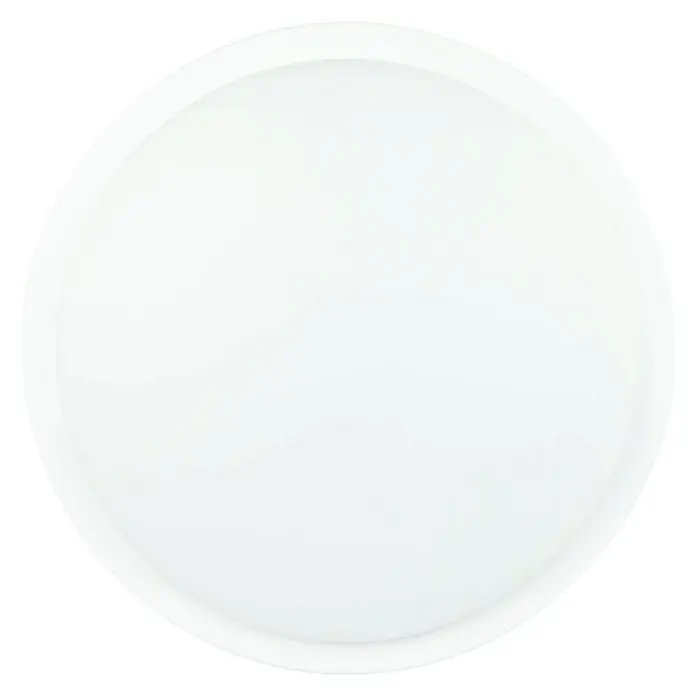 Ritter Leuchten LED-Deckenleuchte rund Senso - Bewegungsmelder, 24 W, Ø x H: 288 x 65,5 mm, Weiß, Neutralweiß - Weißer, runder AirTag von Apple auf schwarzem Hintergrund, der zum Auffinden von Gegenständen dient. Er ist minimalistisch und glänzend.