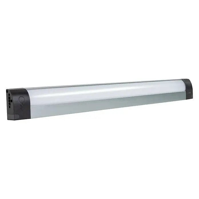 Ritter Leuchten LED-Unterbauleuchte Backlite - 2 W - 8 W, Länge: 46 cm - Ein längliches LED-Licht mit schwarzer Endkappe und silbernem Gehäuse. Ideal für Arbeitsbereiche.