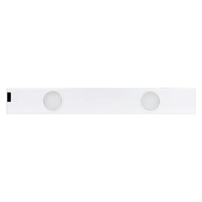 Ritter Leuchten LED-Unterbauleuchte Giga Sensor - L x B x H: 50 x 6,8 x 2,05 cm, Lichtfarbe: Neutralweiß, 6 W - Nahaufnahme einer weißen LED-Leuchte mit zwei runden Lichtern auf einem schwarzen Hintergrund.