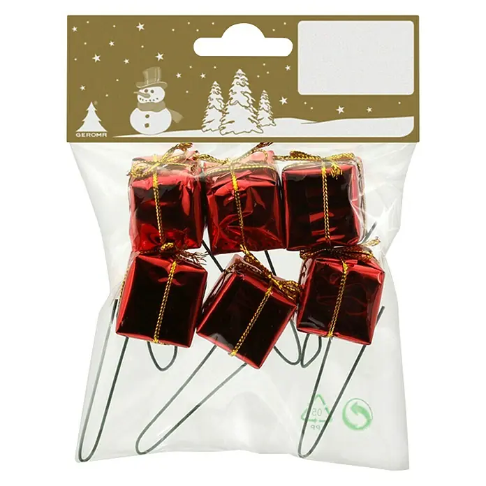 Dekoelement Folienpäckchen - Rot, Kunststoff, 6 Stk. - Nahaufnahme einer Packung mit sechs roten Geschenkbox-Weihnachtsbaumschmucken, verziert mit goldenen Bändern und Befestigungen.