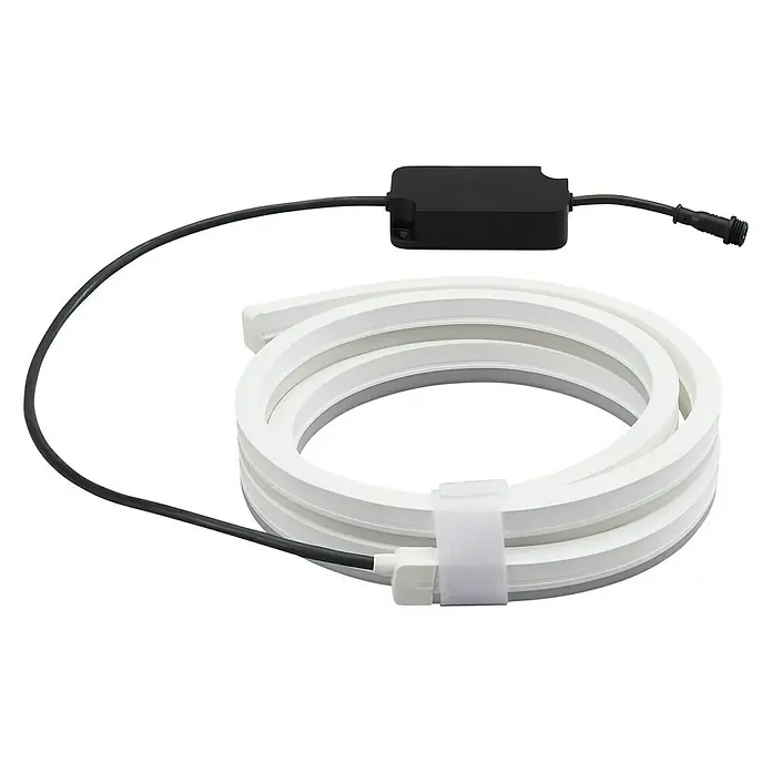Philips Hue LED-Band Outdoor - Länge: 2 m, Lichtfarbe: RGBW, 19 W, 780 lm - Aufgerollter, weißer LED-Flex-Streifen mit schwarzem Kabel und Steuergerät. Ideal für dekorative Beleuchtung und flexible Anwendungen.