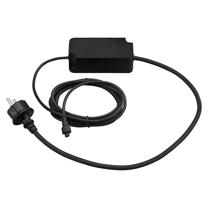 Philips Hue Tira LED Outdoor - Largo: 2 m, Color de luz: RGBW, 19 W, 780 lm - Fuente de alimentación negra con cable y enchufe para dispositivos electrónicos. El cable está enrollado y conectado a un adaptador.