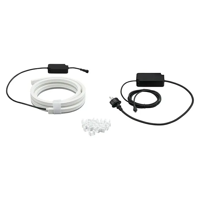 Philips Hue LED-Band Outdoor - Länge: 2 m, Lichtfarbe: RGBW, 19 W, 780 lm - Das Bild zeigt ein LED-Neon Flex Licht Set, bestehend aus einer flexiblen Neonröhre, einem Netzteil und Befestigungsclips. Perfekt für individuelle Beleuchtungsideen.