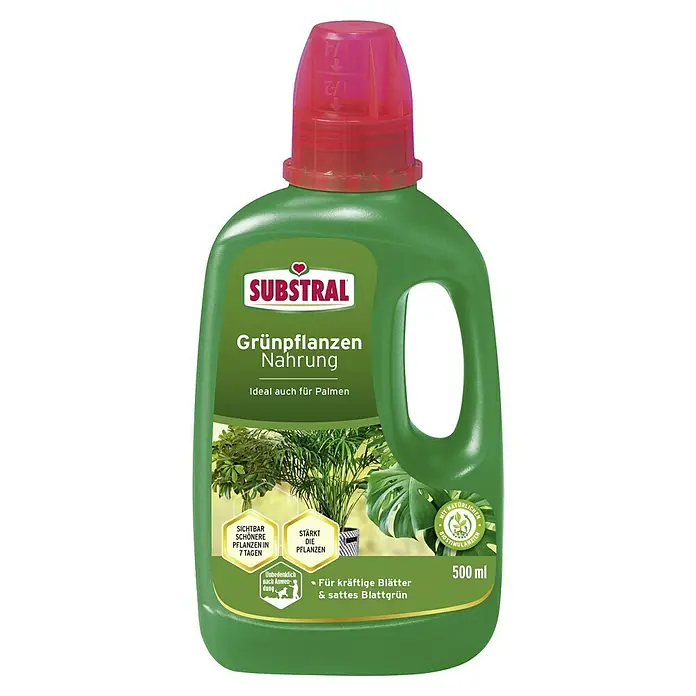 Substral Grünpflanzen-Nahrung - 500 ml - Abbildung einer Flasche Substral Grünpflanzen Nahrung, ein Dünger für Zimmerpflanzen und Palmen, mit einem roten Dosierverschluss.