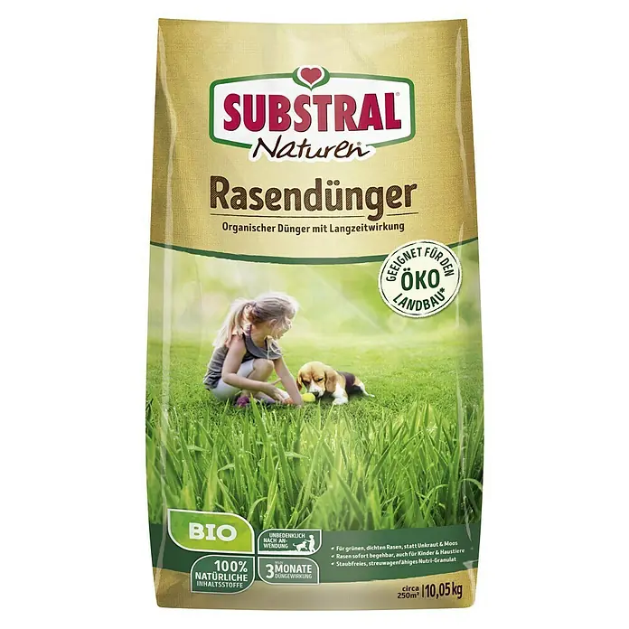 Substral Naturen Rasendünger - 10 kg, Max. Anwendungsfläche: 250 m² - Bild von SUBSTRAL Naturen Rasendünger, ein organischer Langzeitdünger für einen grünen und dichten Rasen, unbedenklich für Kinder und Haustiere.