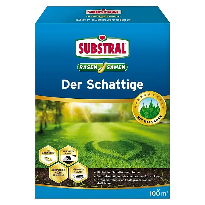 Substral Rasensamen Der Schattige - 2 kg, 100 m² - Bild einer Packung Substral Rasensamen "Der Schattige", geeignet für Schattenlagen und sonnige Bereiche, für einen strapazierfähigen Rasen.
