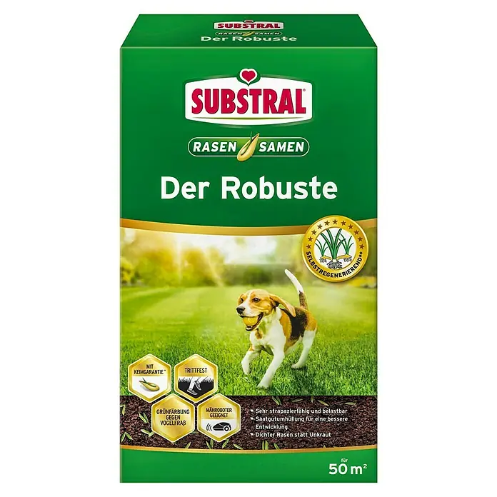 Substral Rasensamen Der Robuste - 1 kg, Saatgut ausreichend für: 50 m² - Bild einer Packung Substral Rasensamen "Der Robuste" mit einem Beagle auf einer grünen Rasenfläche.
