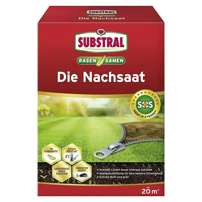 Substral Nachsaat-Rasen - 0,4 kg, 17 m² - 20 m² - Rasensamenpackung Substral Die Nachsaat für einen dichten, grünen Rasen. Schnell keimend und einfach auszubringen, ideal für die Rasenreparatur.