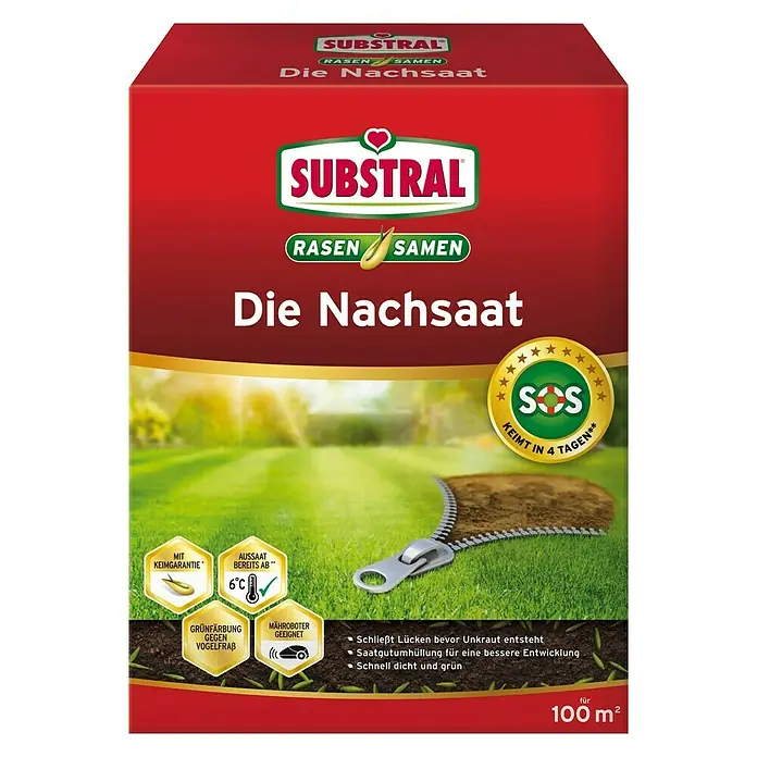 Substral Nachsaat-Rasen - 2 kg, 100 m² - Substral Nachsaat Rasensamen-Packung. Für einen dichten, grünen Rasen und schnelle Keimung. Ideal zur Reparatur von kahlen Stellen.
