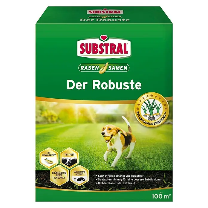 Substral Rasensamen Der Robuste - 2 kg, Saatgut ausreichend für: 100 m² - Abbildung der SUBSTRAL Rasensamenpackung.