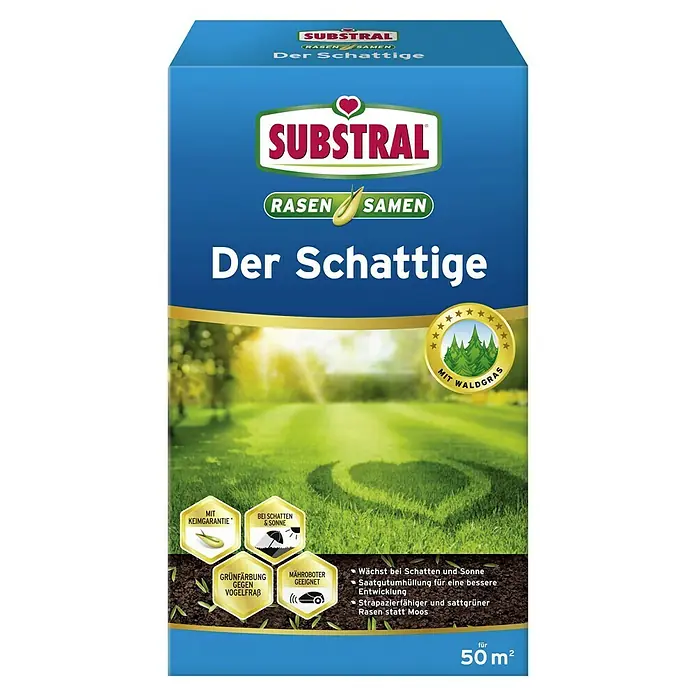 Substral Rasensamen Der Schattige - 1 kg, 50 m² - Bild einer Packung Substral Rasensamen "Der Schattige" für schattige Bereiche, die Keimgarantie und Grünfärbung gegen Vogelfraß bietet.