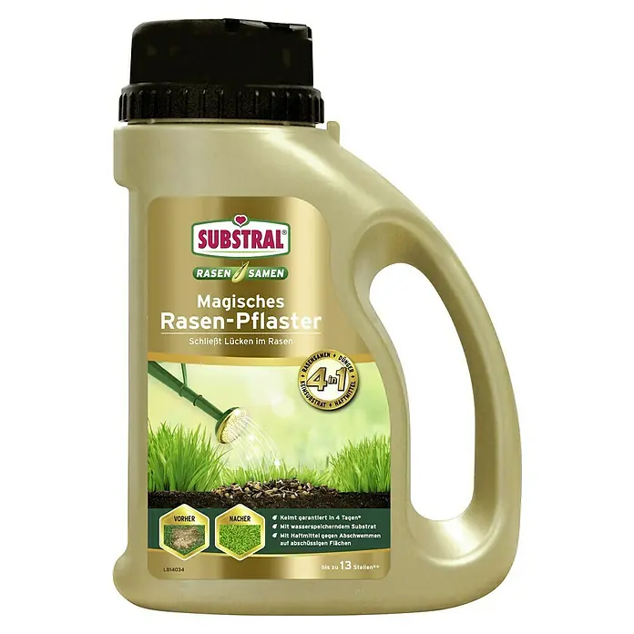 Substral Rasen-Reparatur - 1 kg, 5 m² - Das Produkt ist ein Substral Magisches Rasen-Pflaster, das Rasensamen und Dünger enthält, um Lücken im Rasen zu schliessen.