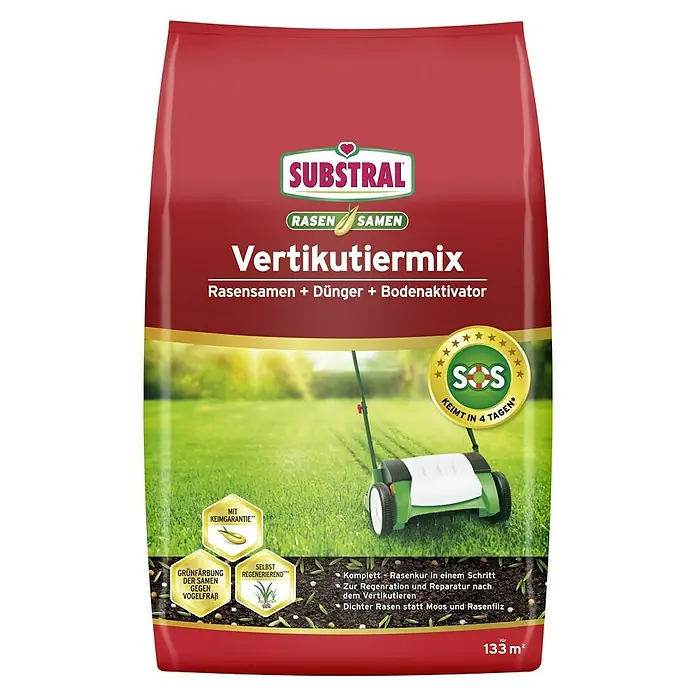 Substral Vertikutier-Mix - 4 kg, 133 m² - Die Substral Vertikutiermix-Packung: Rasensamen, Dünger und Bodenaktivator für einen dichten, grünen Rasen.