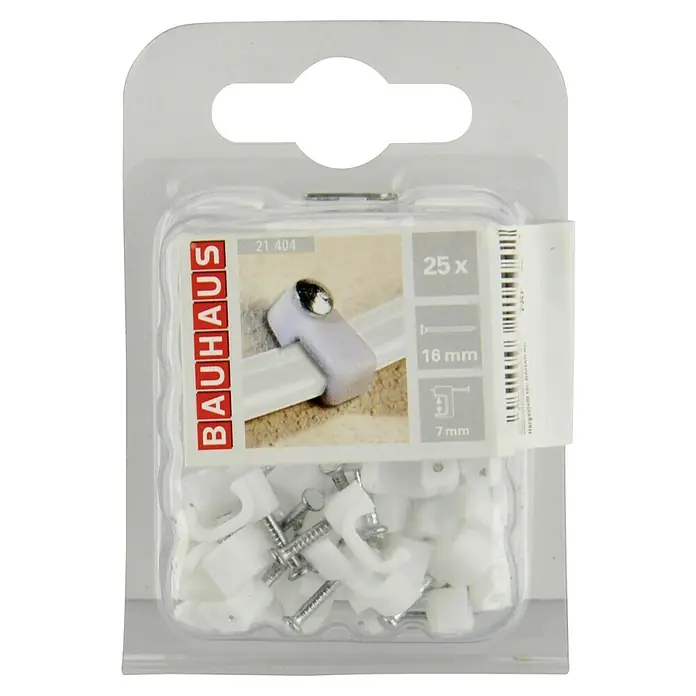 BAUHAUS Nagelschelle - 7 mm, Länge Nagel: 16 mm, 25 Stk., Weiß - Packung mit 25 Bauhaus-Kabelschellen mit Nägeln zur sicheren Befestigung von Kabeln, ideal für Heimwerker und professionelle Installationen.