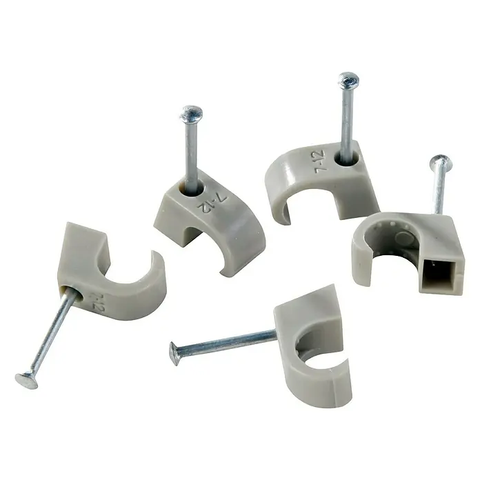 BAUHAUS Nagelschelle - 7 mm - 12 mm, 25 mm, 250 Stk., Grau - Graue Kabelklemmen mit Nägeln, ideal für die Befestigung von Kabeln. Perfekt für Heimwerker- und Elektroprojekte, stabil und zuverlässig.