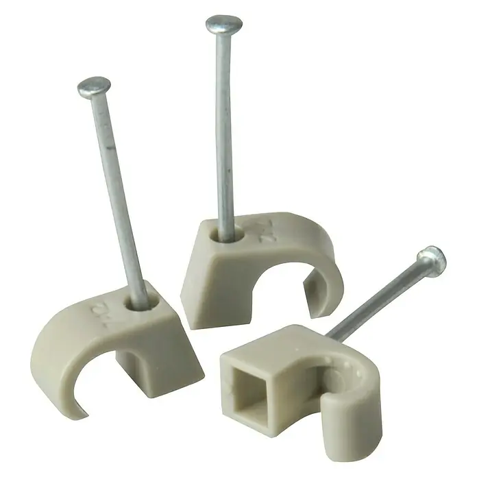BAUHAUS Nagelschelle - 7 mm - 12 mm, 35 mm, 100 Stk., Grau - Drei Kabelklemmen mit Nägeln, ideal zur Befestigung von Kabeln und Leitungen. Die Klemmen sind aus robustem Kunststoff gefertigt.