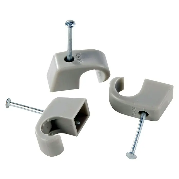 BAUHAUS Nagelschelle - 10 mm - 14 mm, 30 mm, 150 Stk., Grau - Drei graue Kabelklemmen mit Nägeln zur Befestigung von Kabeln. Praktisches Zubehör für die Elektroinstallation.