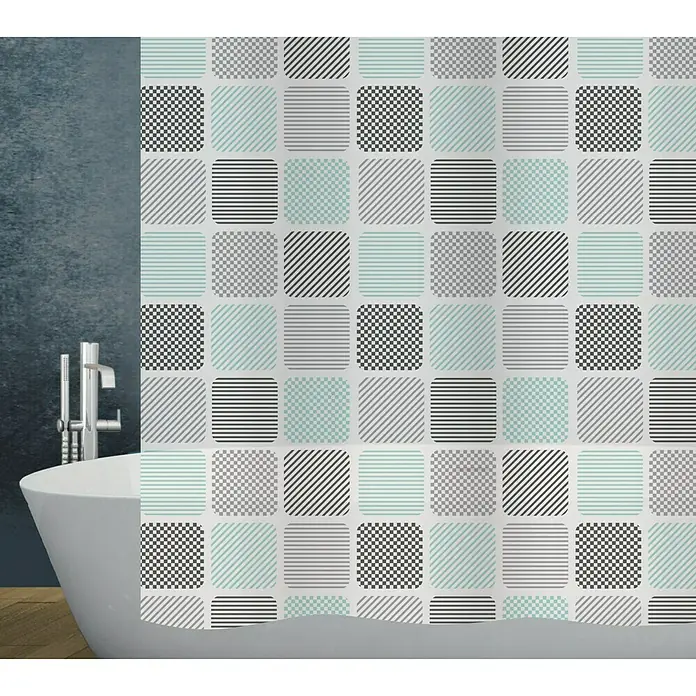 Diaqua Peva Duschvorhang Quadro180 x 200 cm, Farbig - Eine stilvolle Badezimmeransicht mit einem modernen Duschvorhang mit geometrischen Mustern, der eine entspannende Atmosphäre schafft.
