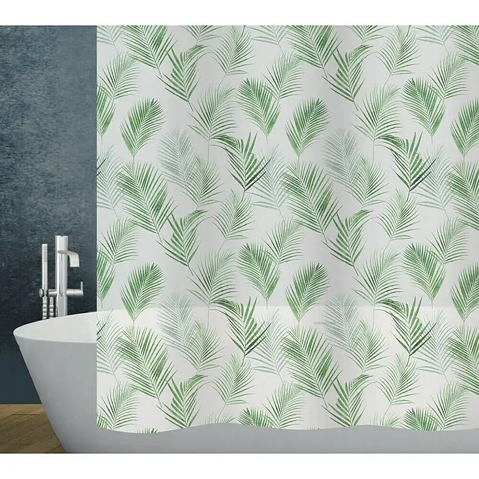 Diaqua Peva Duschvorhang Palmito - B x H: 180 x 200 cm, Weiß/Grün - Eine Badezimmerszene mit einem weißen Bad und einem Duschvorhang mit grünem Palmenblattmuster.