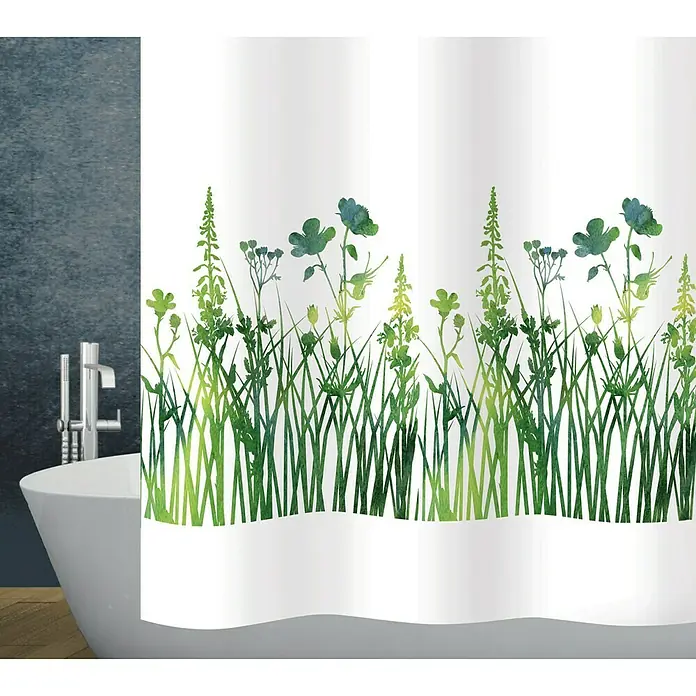 Diaqua Duschvorhang Joya - B x H: 120 x 200 cm, Textil, Weiß/Grün - Duschvorhang mit grünen Gras- und Blumenmustern, ideal für die Badezimmerdekoration. Verleiht dem Bad eine frische Note.