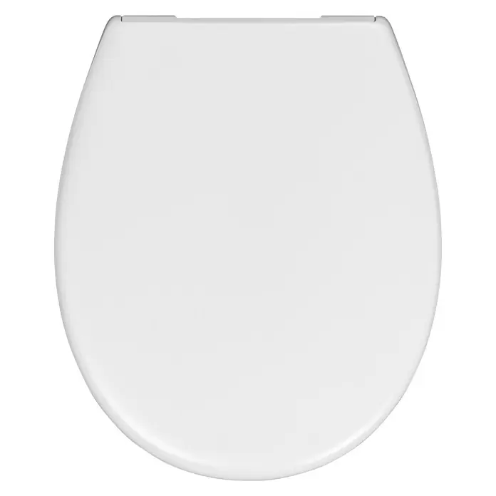 BAUHAUS WC-Sitz Maoi - Kunststoff, Weiß, Mit Absenkautomatik - Das Bild zeigt einen weißen Toilettensitz in ovaler Form, der auf einem schwarzen Hintergrund platziert ist. Der Fokus liegt auf dem schlichten Design.