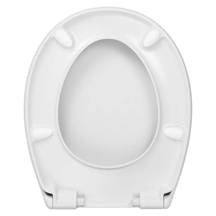 BAUHAUS WC-Sitz Maoi - Kunststoff, Weiß, Mit Absenkautomatik - Weißer Toilettensitz in ovaler Form, aufgenommen von oben, mit glatter Oberfläche und Befestigungsdetails im unteren Bereich.