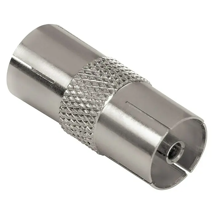 Hama Antennen-Adapter - 2 x IEC-Buchse, 1 Stk. - Nahaufnahme eines F-Steckers, einem Koaxialkabelverbinder für Radio- und Fernsehantennen.