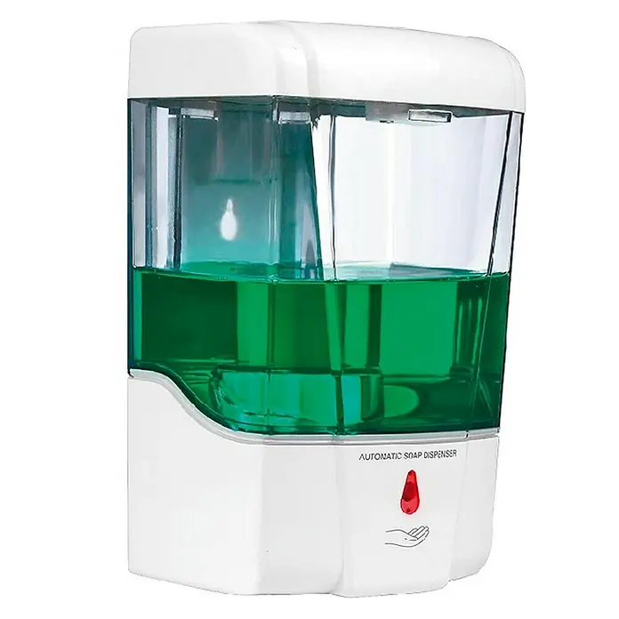 CM Baños Dispensador de jabón para gel hidroalcohólico - Blanco - Dispensador automático de jabón con depósito transparente lleno de jabón líquido verde. Ideal para higiene de manos.