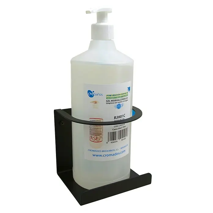 CM Baños Soporte de pared para dispensador de desinfectante hidroalcohólico - Acero, Negro - Dispensador de gel hidroalcohólico "Gel Hidroalcoholico" en soporte de pared negro para la desinfección higiénica de manos.