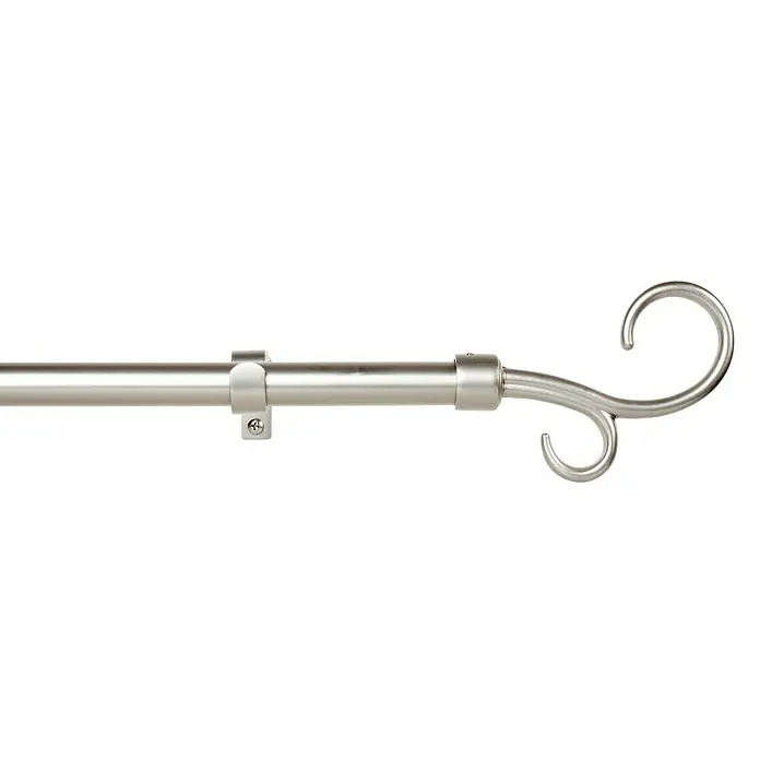 Barra para cortinas Doble Báculo - Ø x L: 19 mm x 110 cm, Metal, Plata - Primer plano de una barra de cortina metálica con terminales decorativos, montada en un soporte de pared.