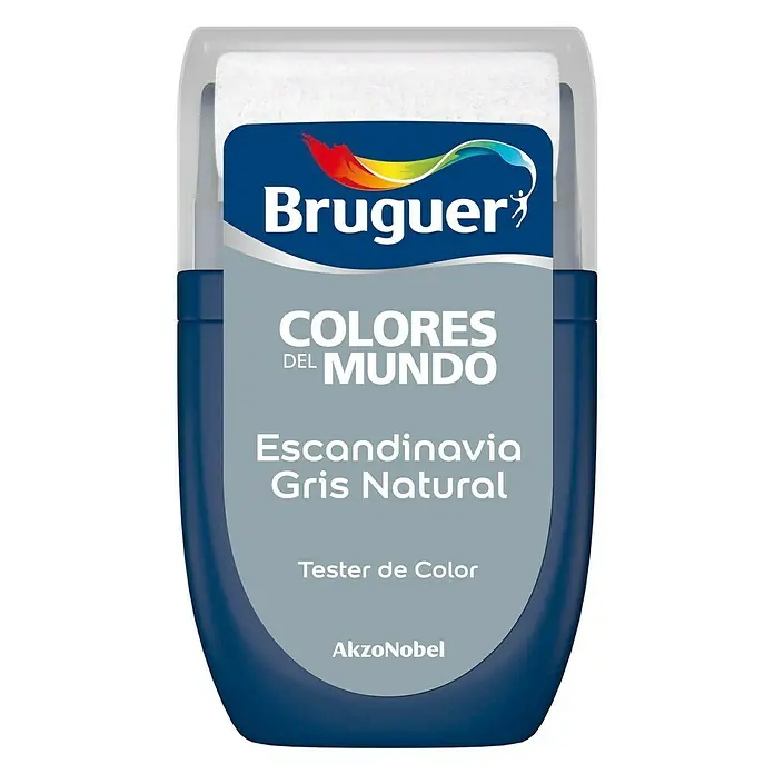 Bruguer Colores del Mundo Tester de pintura - Escandinavia gris natural, Mate, 30 ml - Primer plano de un tester de pintura Bruguer Colores del Mundo en "Gris Natural Escandinavia" de AkzoNobel, ideal para paredes.