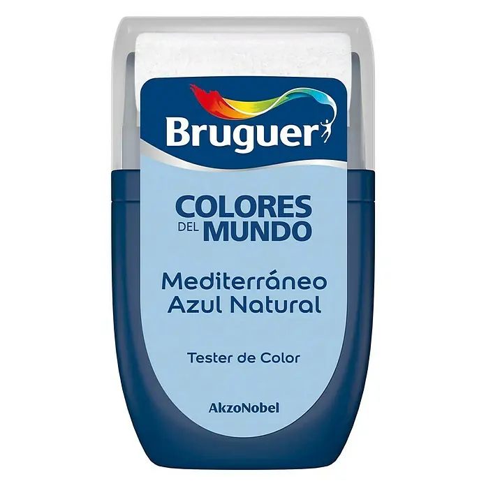 Bruguer Colores del Mundo Tester de pintura - Mediterráneo azul natural, Mate, 30 ml - Primer plano de un probador de pintura Bruguer Colores del Mundo en Mediterráneo Azul Natural, ideal para decoración de paredes.