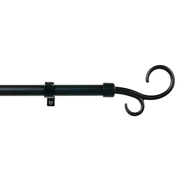 Barra para cortinas Doble Báculo - Ø x L: 19 x 160 mm, Metal, Negro - Primer plano de una barra de cortina negra con adornos decorativos y un soporte. Ideal para decoraciones de ventanas elegantes.