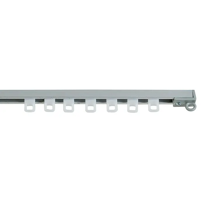 Guía de carril pieza corredera ligera - L x An x Al: 0,9 x 0,9 x 1,5 cm, Plástico, Blanco - Imagen de un riel de cortina de aluminio con ganchos blancos para colgar cortinas.