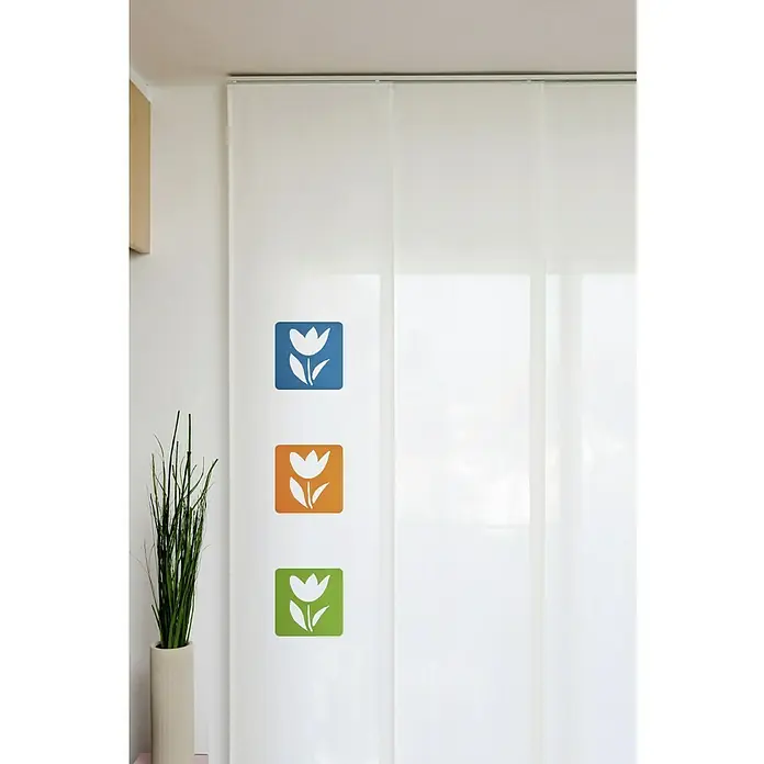 Vinilo de pared tulipán - Turquesa, Textil - Panel decorativo con motivos de tulipanes en azul, naranja y verde, que añade un toque de color a cualquier habitación a la vez que proporciona privacidad.