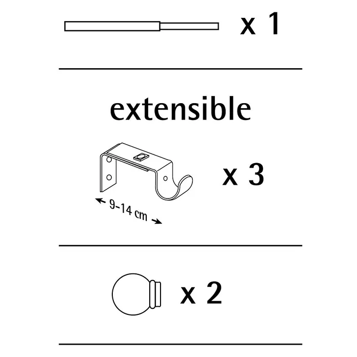 Barra para cortinas Kit Esfera Anillo - Ø x L: 19 x 160 mm, Metal, Negro - Ilustración de un conjunto de barra de cortina extensible con una barra, tres soportes y dos terminales, perfecto para decoración de ventanas.