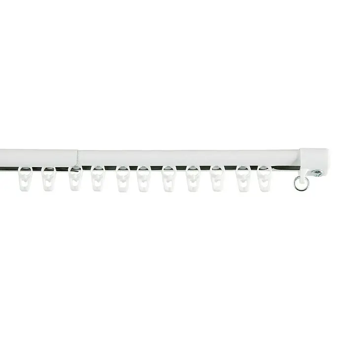 Riel de cortina Basic extensible - L x An x Al: 67 x 2,5 x 1,8 cm, Metal, Blanco - Primer plano de un riel de cortina blanco con deslizadores, perfecto para colgar cortinas y cortinajes fácilmente.
