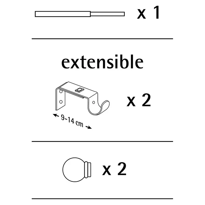 Barra para cortinas Kit Esfera Anillo - Ø x L: 19 mm x 110 cm, Metal, Negro - Ilustración de los componentes de la barra de cortina: Una barra extensible, dos soportes y dos terminales.