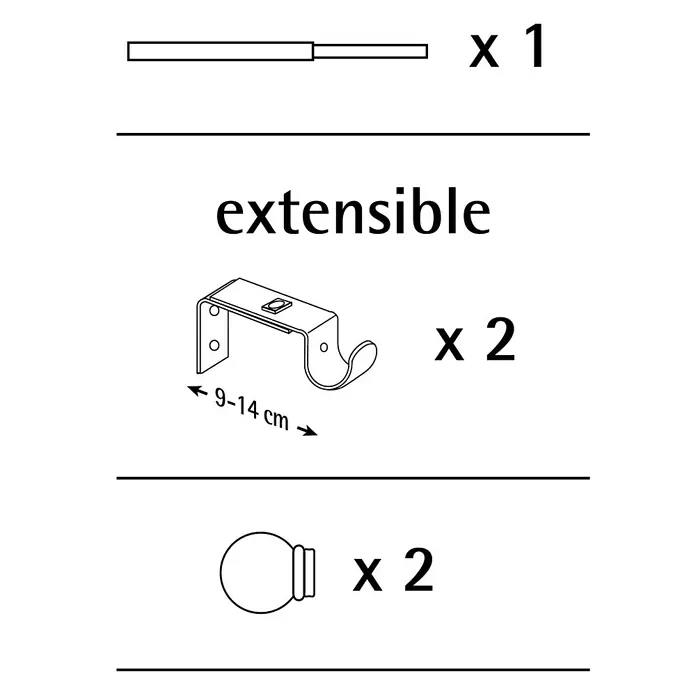 Barra para cortinas Kit Esfera Anillo - Ø x L: 19 mm x 110 cm, Metal, Negro - Ilustración de los componentes de la barra de cortina: Una barra extensible, dos soportes y dos terminales.