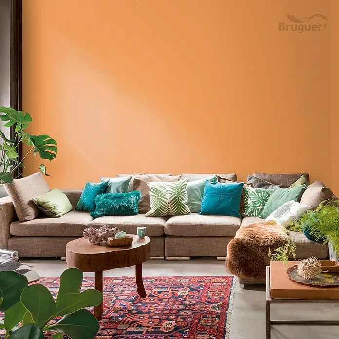 Bruguer Colores del Mundo Tester de pintura - India melocotón natural, Mate, 30 ml - Salón con pared naranja, sofá marrón y cojines decorativos. La pintura de la pared añade calidez y carácter al espacio.