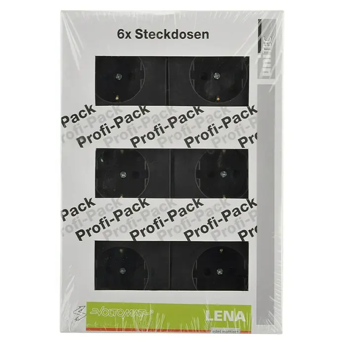 Voltomat Lena Steckdose - Anthrazit, 16 A, 6 Stk. - Das Bild zeigt eine Packung mit 6 Steckdosen des Herstellers Unitec, Modell Lena VoltomAT Profi-Pack.