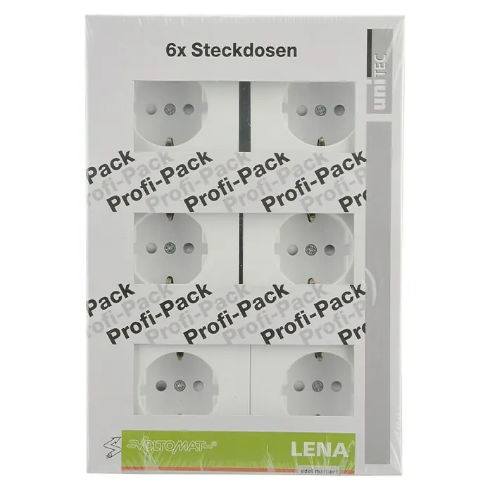 Voltomat Lena Steckdose - Polarweiß, 16 A, 6 Stk. - Bild einer Packung mit 6 weißen Schuko-Steckdosen von Unitec, Voltomot und Lena, ideal für den professionellen Gebrauch.