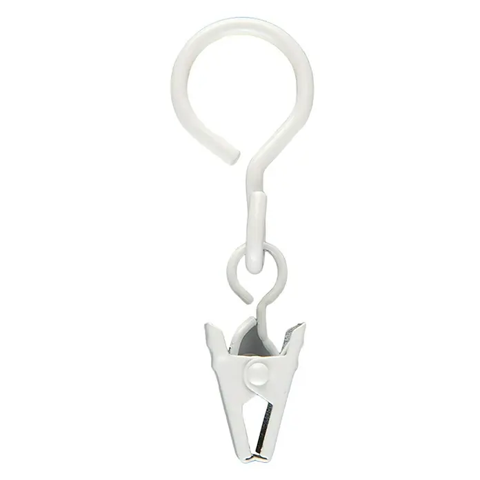 Anilla para cortinas Pinza Ideas 12 - Blanco, 6 ud. - Primer plano de un clip de cortina blanco con gancho para colgar cortinas y estores.