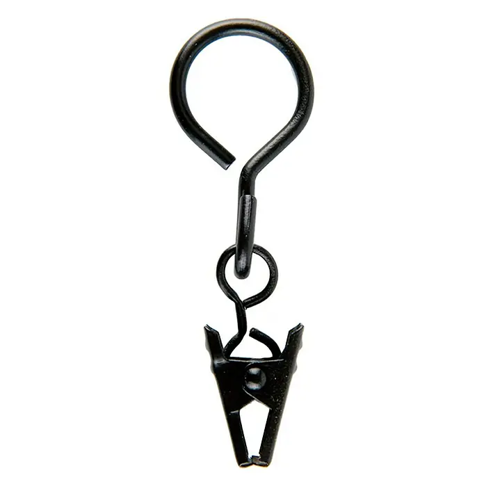 Anilla para cortinas con pinza Ideas 12 - Negro, 6 ud. - Clip colgante de metal negro con gancho para colgar decoraciones y objetos pequeños.