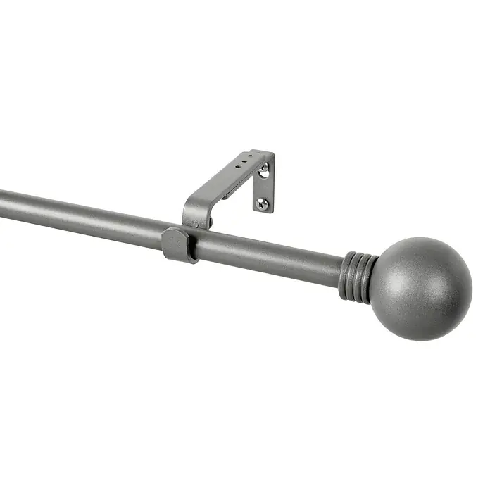 Barra para cortinas Esfera Anillo - Ø x L: 19 mm x 110 cm, Metal, Gris - Primer plano de una barra de cortina gris con un extremo esférico y un soporte. La barra es de metal y tiene un aspecto moderno.